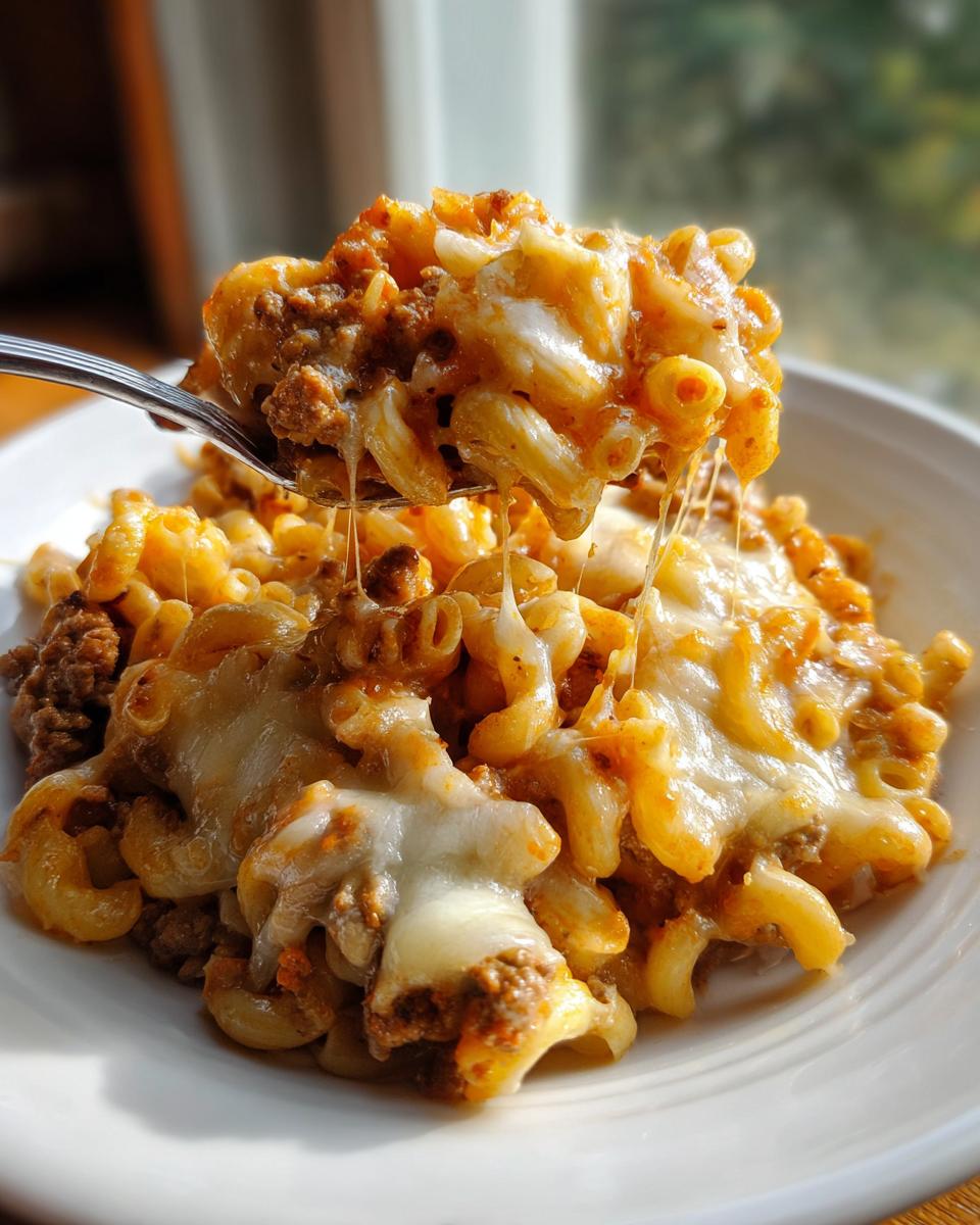 A fork lifting a cheesy, saucy portion of cheeseburger casserole showing melted cheese strings.