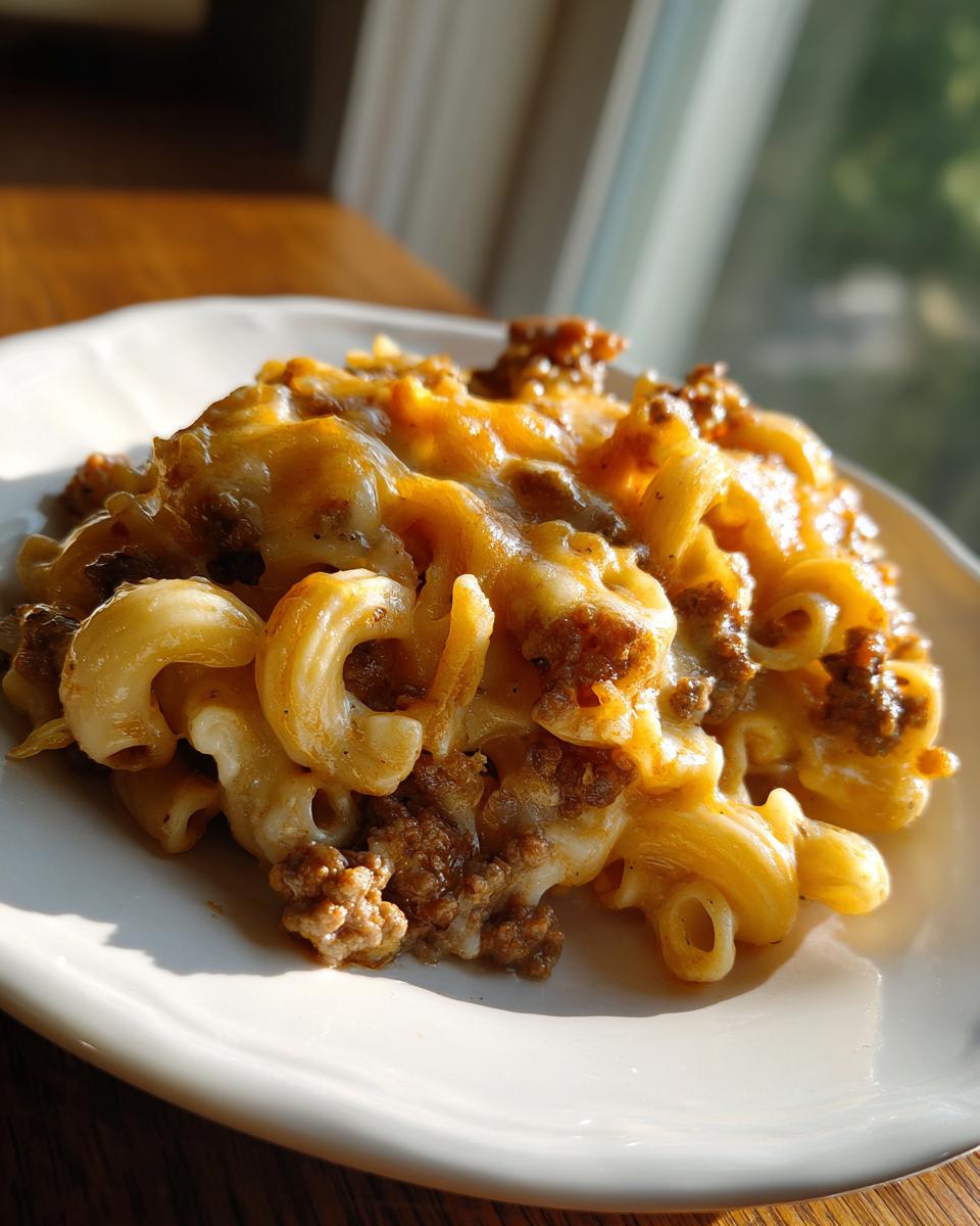 A close-up serving of cheesy cheeseburger casserole featuring elbow macaroni, ground beef, and melted cheddar cheese.