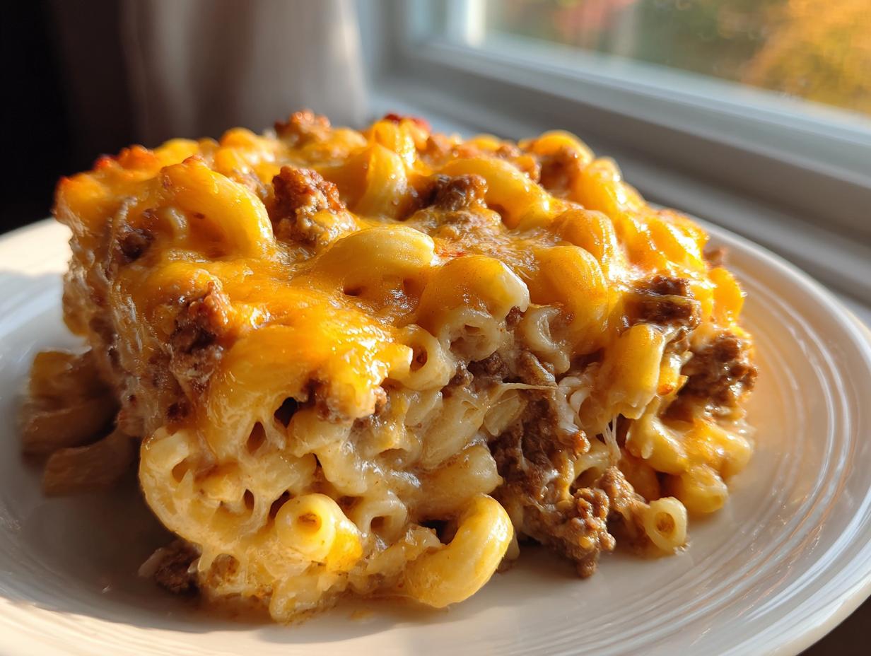 A close-up serving of baked cheeseburger casserole featuring elbow macaroni, ground beef, and a thick layer of melted cheddar cheese.