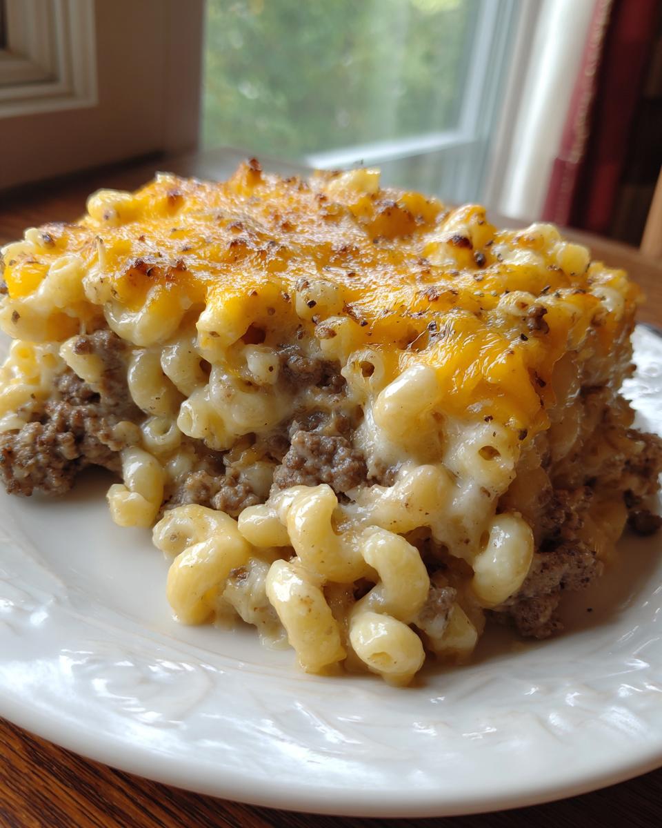 A thick slice of cheeseburger casserole featuring ground beef layered with macaroni and a melted, browned cheddar cheese topping.