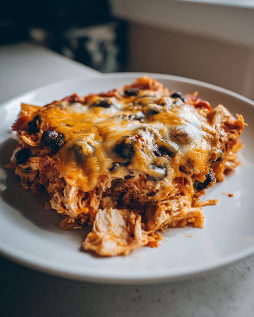A close-up serving of a cheesy chicken burrito bake on a white plate, showing shredded chicken and black beans under melted cheese.