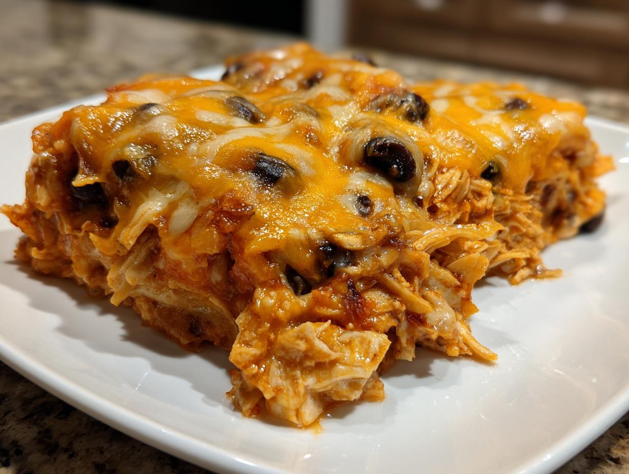 A close-up of a hearty serving of burrito bake, featuring shredded chicken, sauce, black beans, and melted cheddar and Monterey Jack cheese.