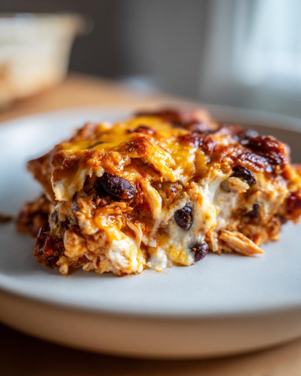 Close-up of a cheesy, saucy slice of burrito bake with shredded chicken and black beans on a white plate.