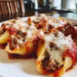 Close-up of baked stuffed shells filled with meat, covered in marinara sauce and melted mozzarella cheese.