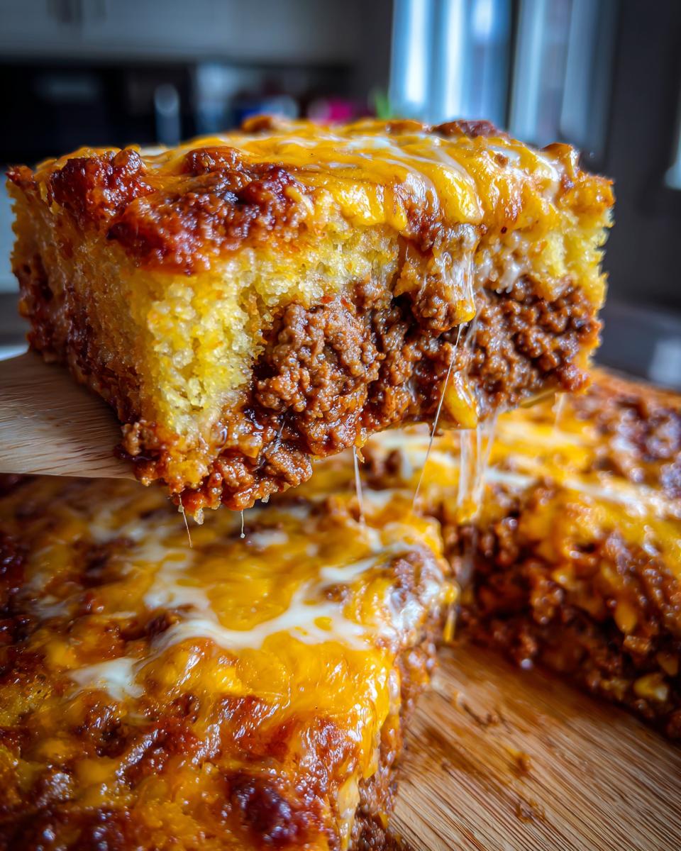 A close-up of a cheesy slice being lifted from a pan of mexican cornbread casserole, showing melted cheese strings.
