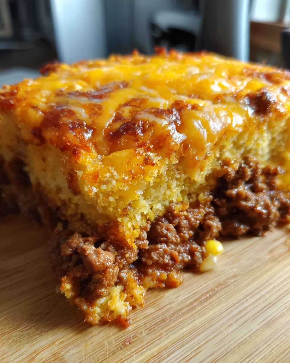 Close-up of a serving of mexican cornbread casserole showing a thick layer of seasoned ground meat topped with melted cheddar cheese.