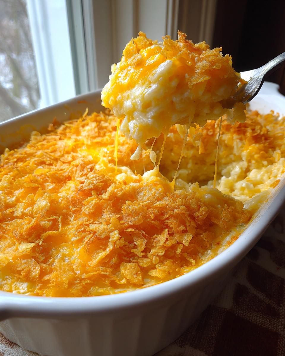 A fork lifts a scoop of creamy, cheesy potato casserole showing long cheese pulls.