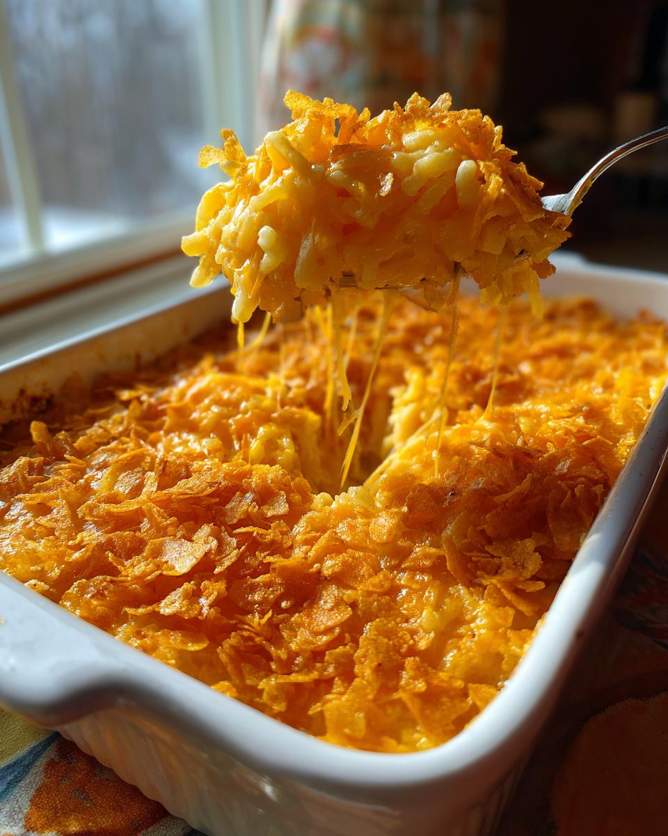 A spoonful of cheesy potato casserole showing extreme cheese pull, topped with a golden, crunchy crust.