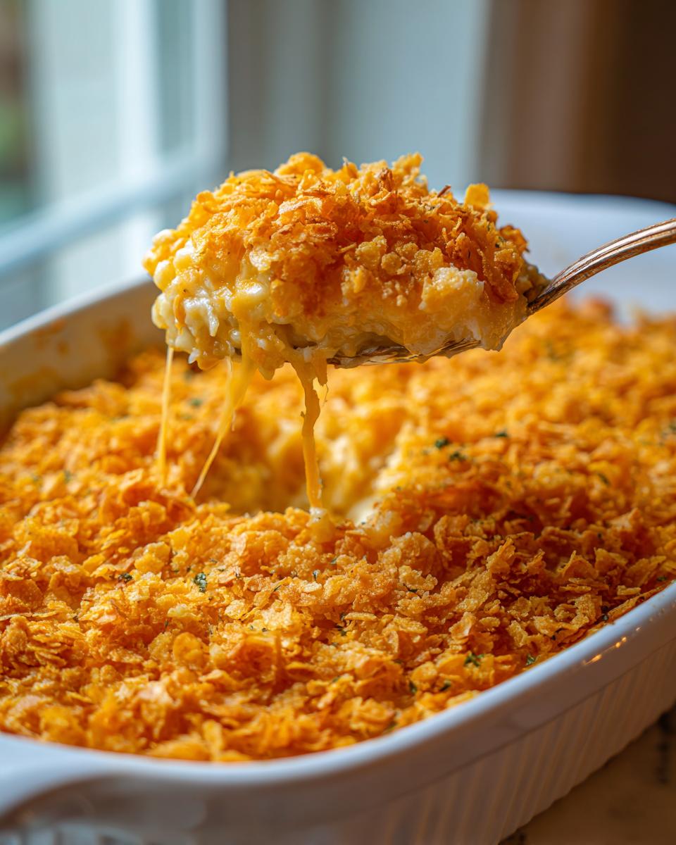 A spoonful of creamy, cheesy potato casserole being lifted from a white baking dish, showing melted cheese stretches.