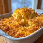 A fork lifts a generous scoop of creamy, cheesy potato casserole with a crispy golden-brown hash brown topping.