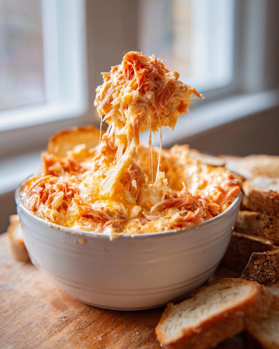 A spoonful of hot, cheesy reuben dip is pulled from a white bowl, showing long cheese strings.