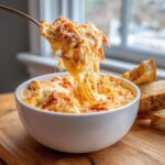 A spoonful of hot, cheesy reuben dip is lifted from a white bowl, showing long cheese pulls.