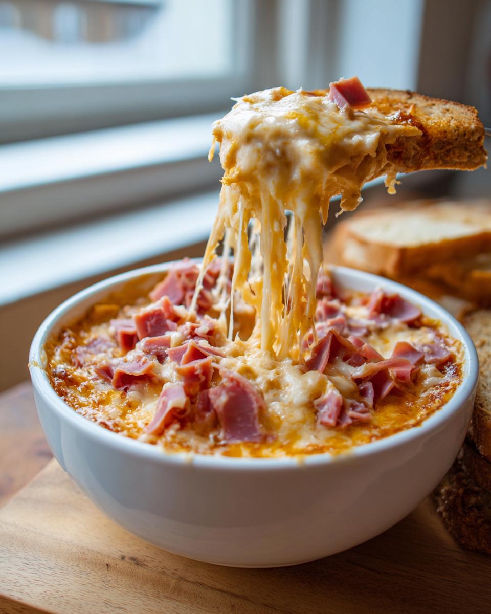 A piece of toast is pulling up a cheesy, stringy portion of hot reuben dip topped with diced ham from a white bowl.