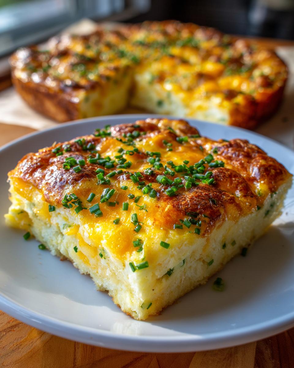 A square slice of fluffy sheet pan eggs with melted cheddar cheese and fresh chives on a white plate.