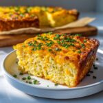 A square slice of baked sheet pan eggs, topped with melted cheddar cheese and fresh chives, served on a white plate.