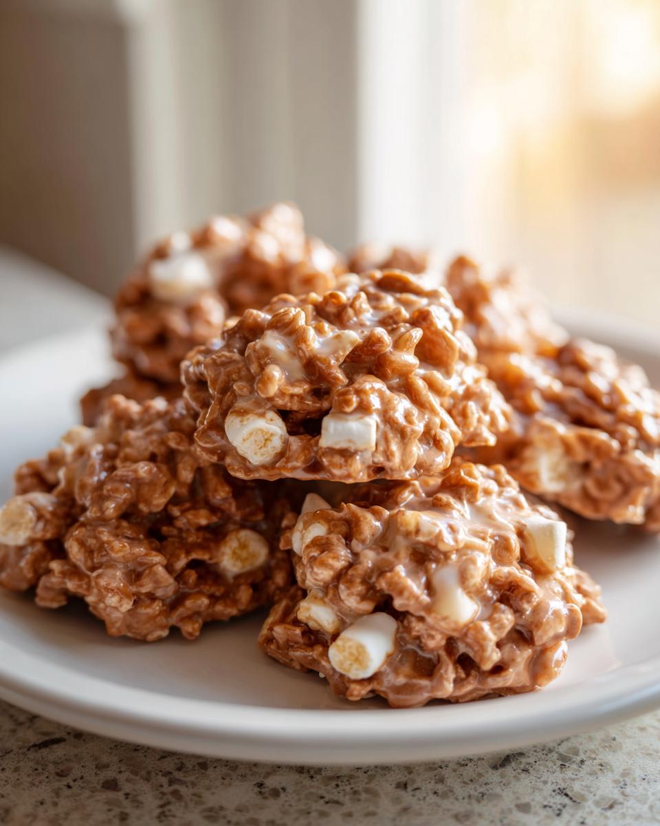 A stack of rich, chocolatey avalanche cookies studded with mini marshmallows, resting on a white plate.