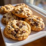 Close-up of several chewy sourdough chocolate chip cookies piled on a white rectangular plate, backlit by sunlight.