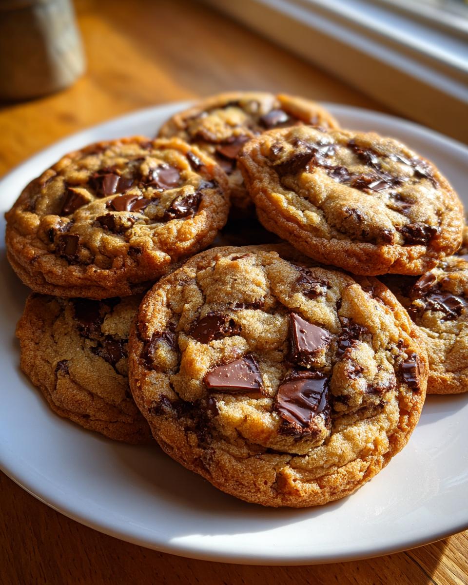 A stack of freshly baked, chewy sourdough chocolate chip cookies with melted chocolate chunks on a white plate.