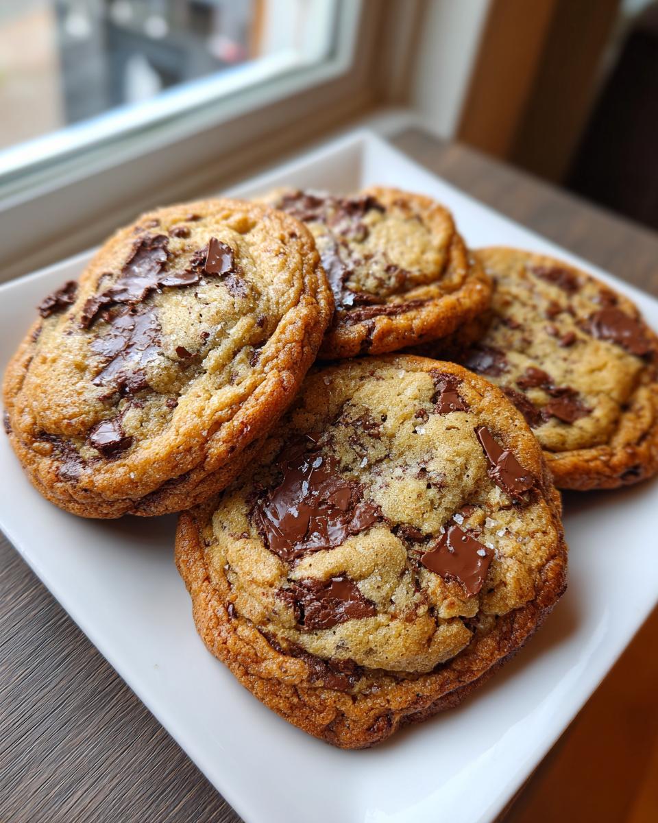 Close-up of four chewy sourdough chocolate chip cookies piled on a white plate, topped with melted chocolate chunks and sea salt.