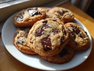 A stack of freshly baked, chewy sourdough chocolate chip cookies piled high on a white plate, glistening in sunlight.