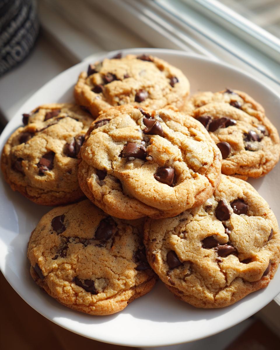 A close-up of several chewy sourdough chocolate chip cookies piled on a white plate near a window.