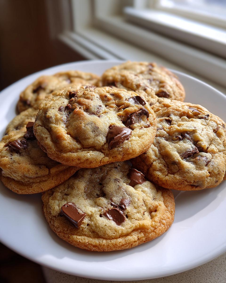 A stack of freshly baked, chewy sourdough chocolate chip cookies loaded with melted chocolate chunks on a white plate.