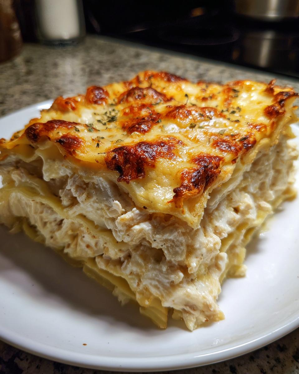 A thick, layered slice of chicken alfredo lasagna featuring creamy filling and a bubbly, browned cheese top.