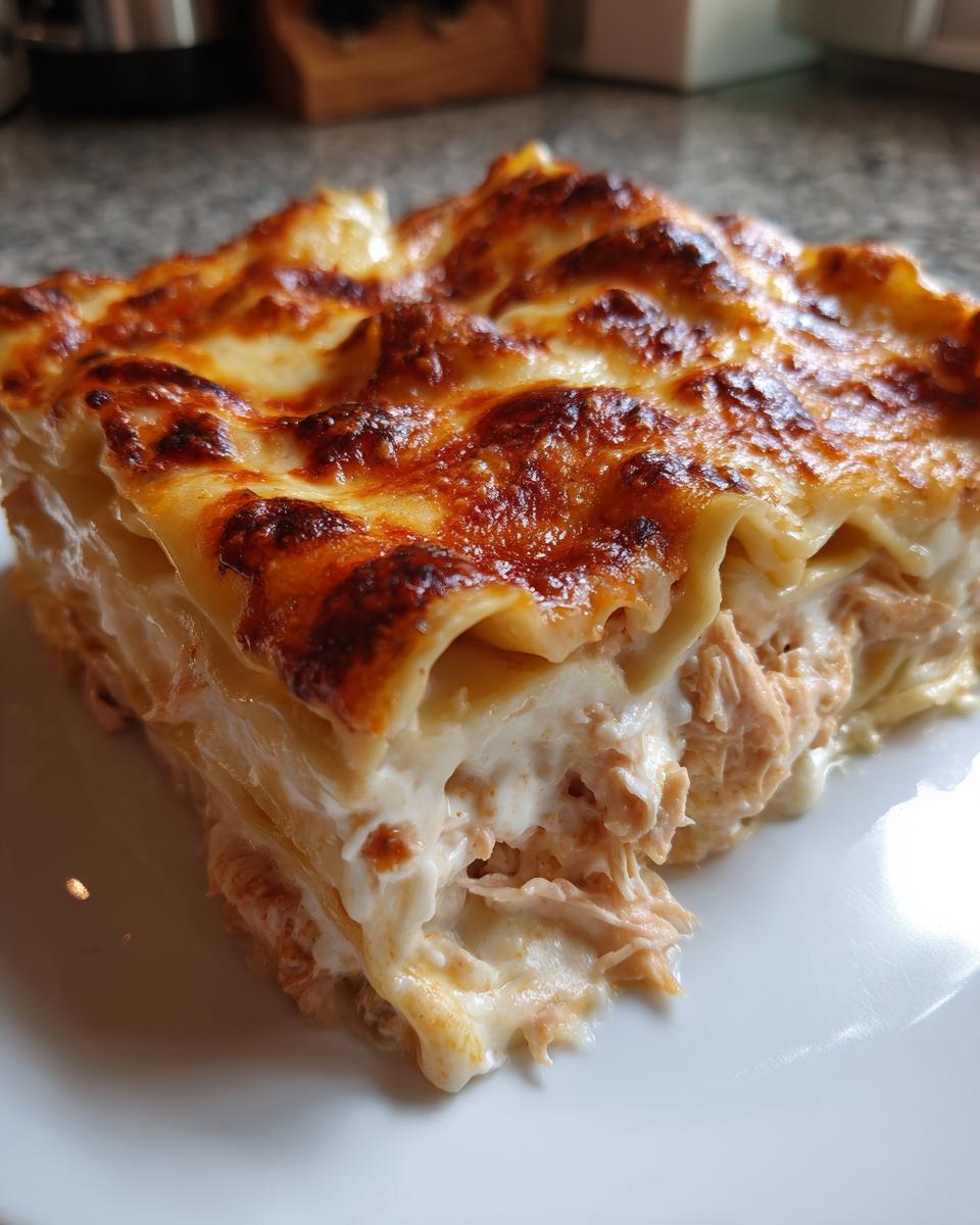Close-up of a serving of chicken alfredo lasagna showing layers of pasta, creamy sauce, shredded chicken, and a bubbly, browned cheese topping.