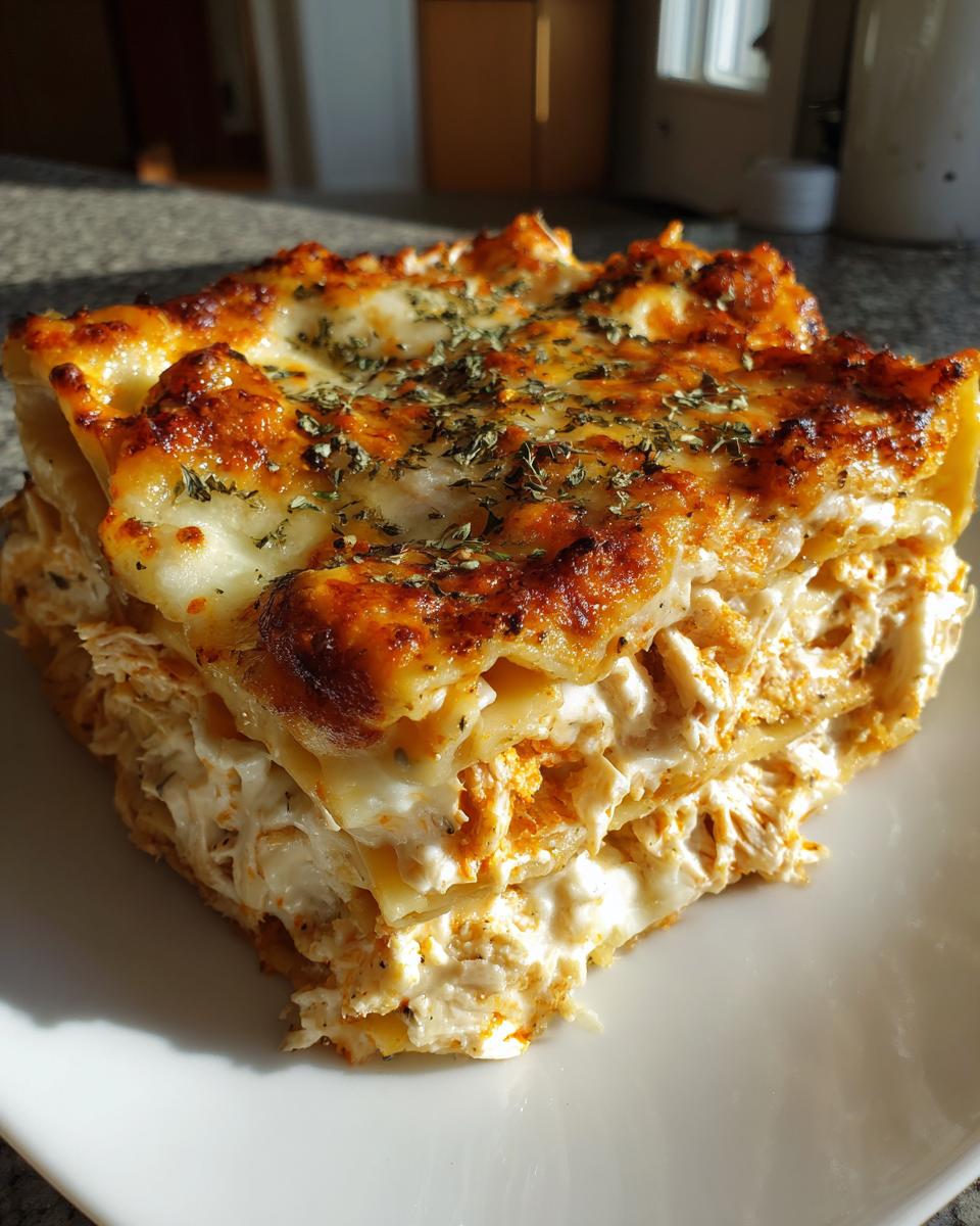 A close-up of a hearty slice of chicken alfredo lasagna showing layers of pasta, creamy filling, and a golden, cheesy, herb-topped crust.