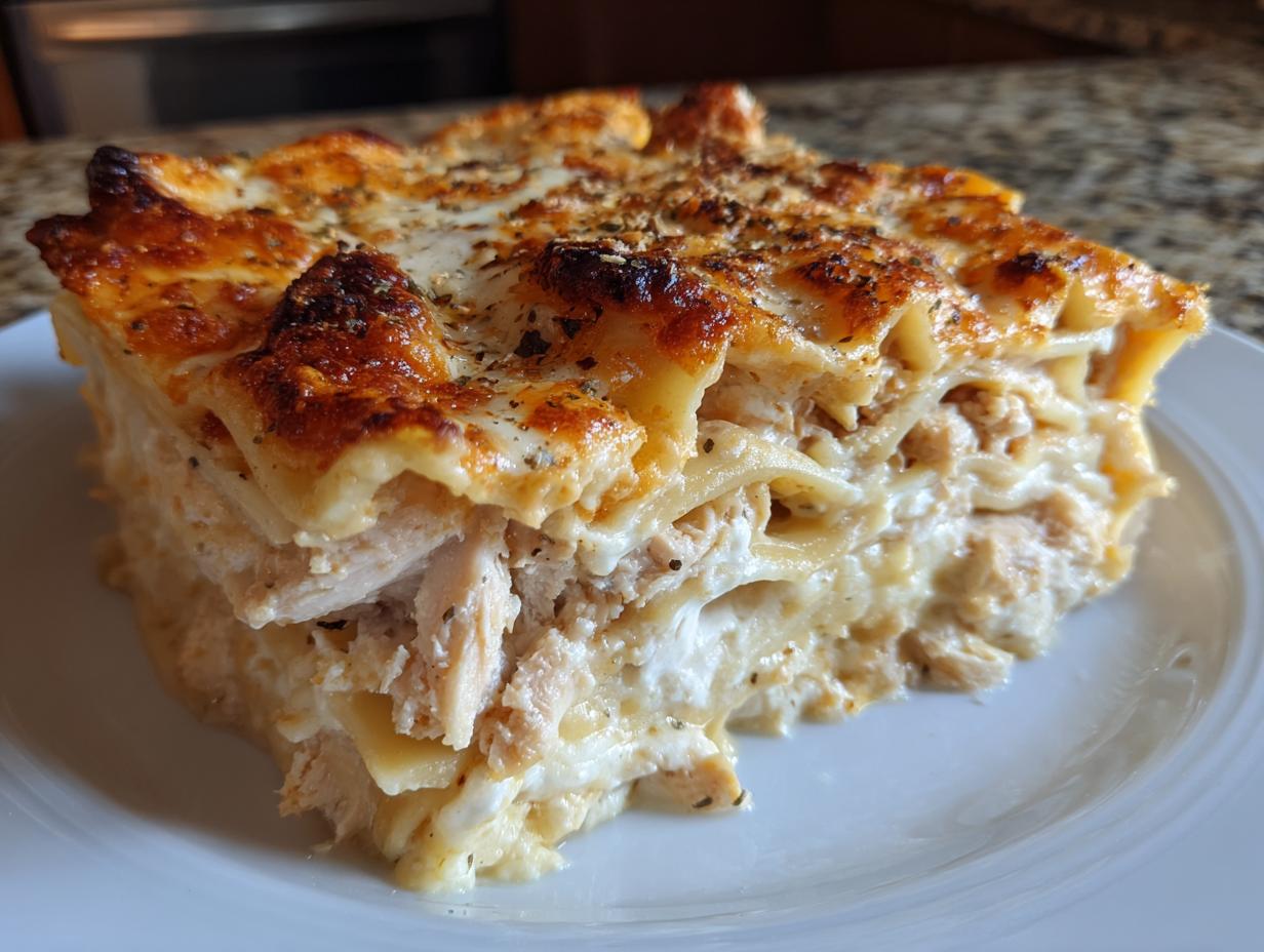 A thick, square slice of creamy chicken alfredo lasagna showing layers of pasta, shredded chicken, and a bubbly, browned cheese top.