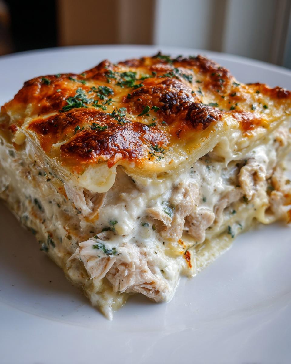 A close-up of a perfect slice of chicken alfredo lasagna, showing layers of creamy sauce, shredded chicken, and a golden, bubbly cheese topping.