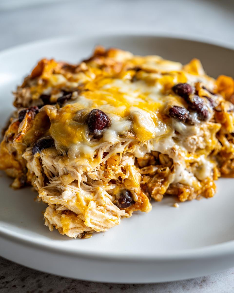 Close-up of a serving of cheesy chicken burrito bake with black beans on a white plate.