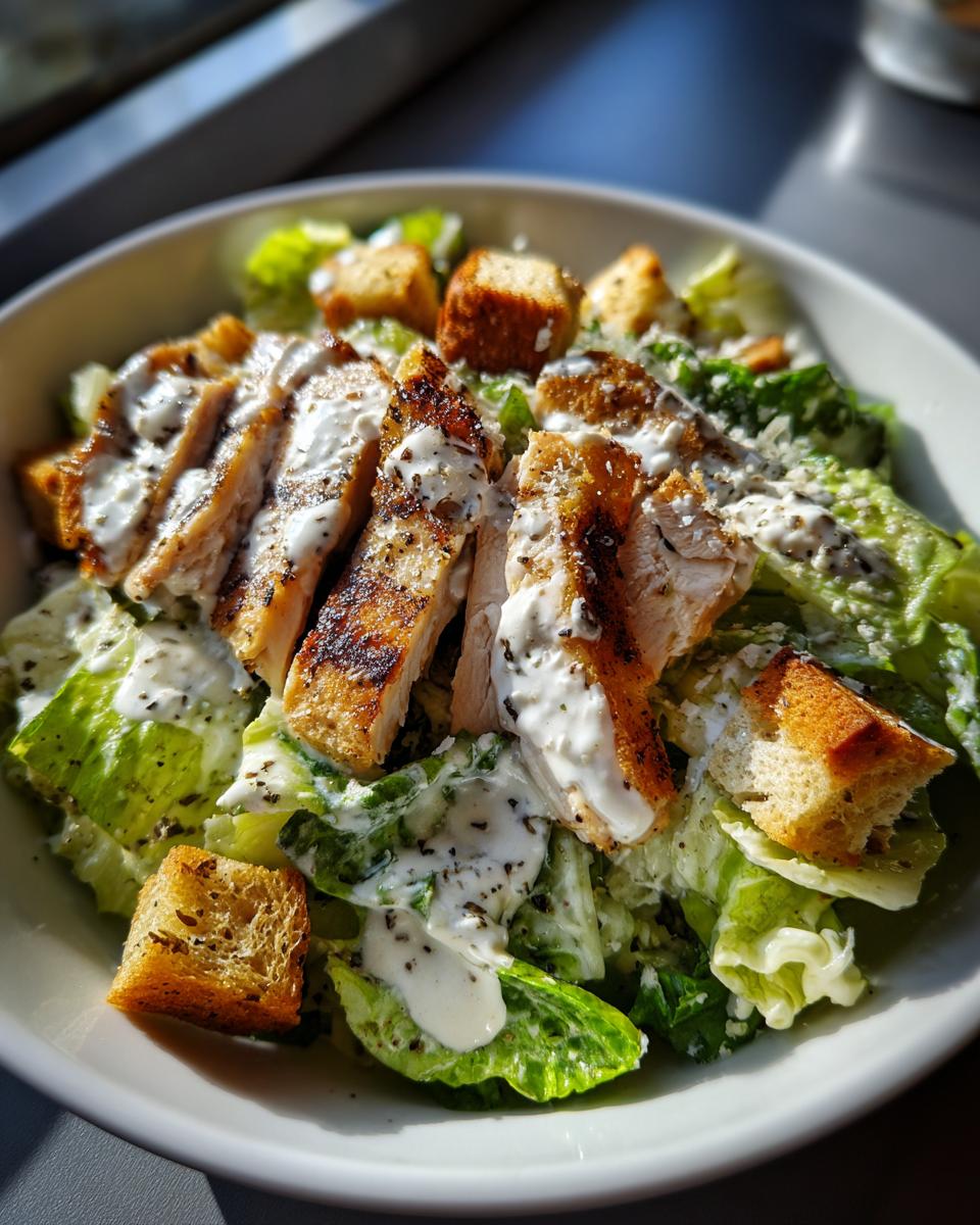 Close-up of a vibrant chicken caesar salad featuring grilled chicken slices, romaine lettuce, croutons, and creamy dressing.