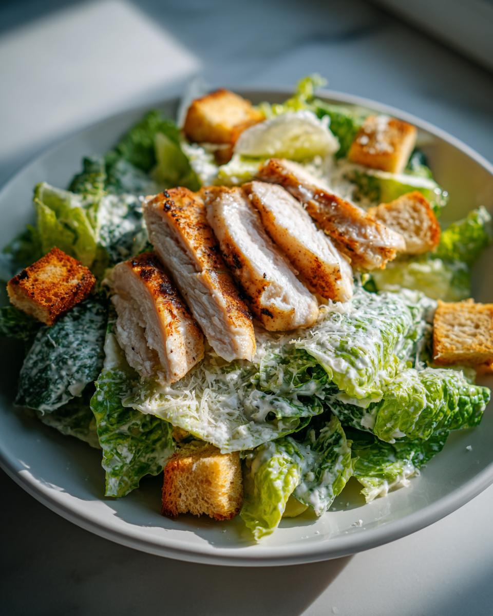 Close-up of a fresh chicken caesar salad with grilled chicken slices, croutons, and creamy dressing.