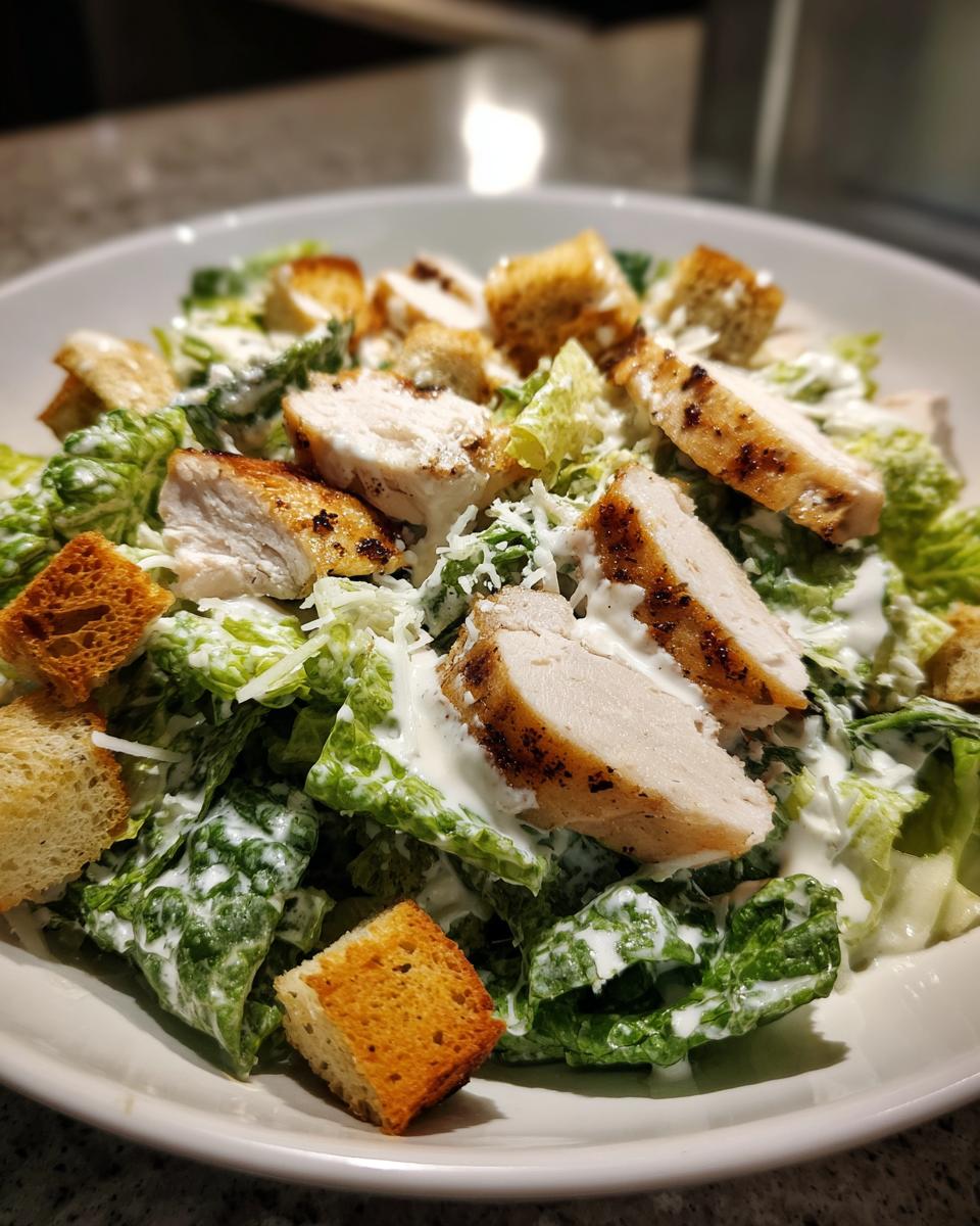 A close-up view of a bowl containing a fresh chicken caesar salad with grilled chicken slices, croutons, and creamy dressing.