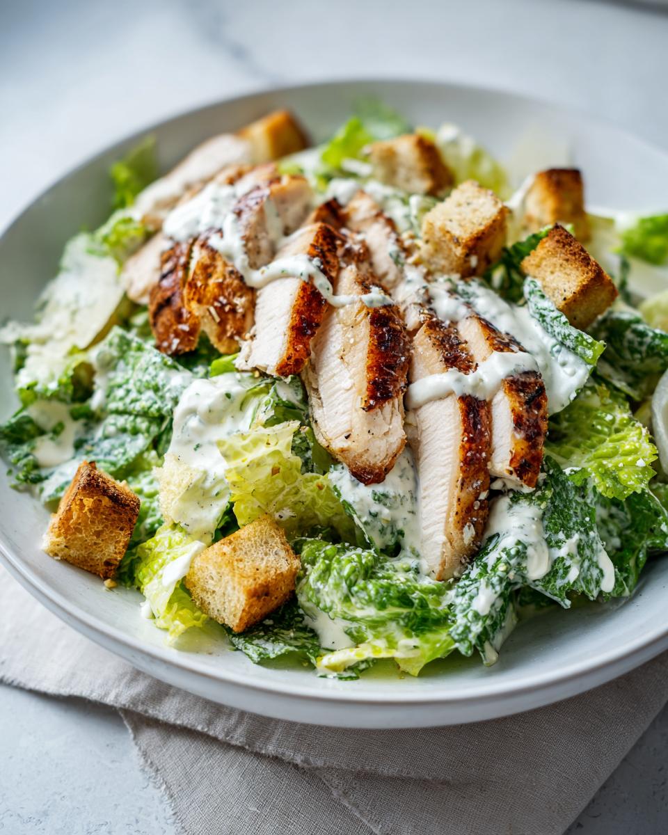 Close-up of a delicious chicken caesar salad featuring grilled chicken slices, romaine lettuce, croutons, and creamy dressing.