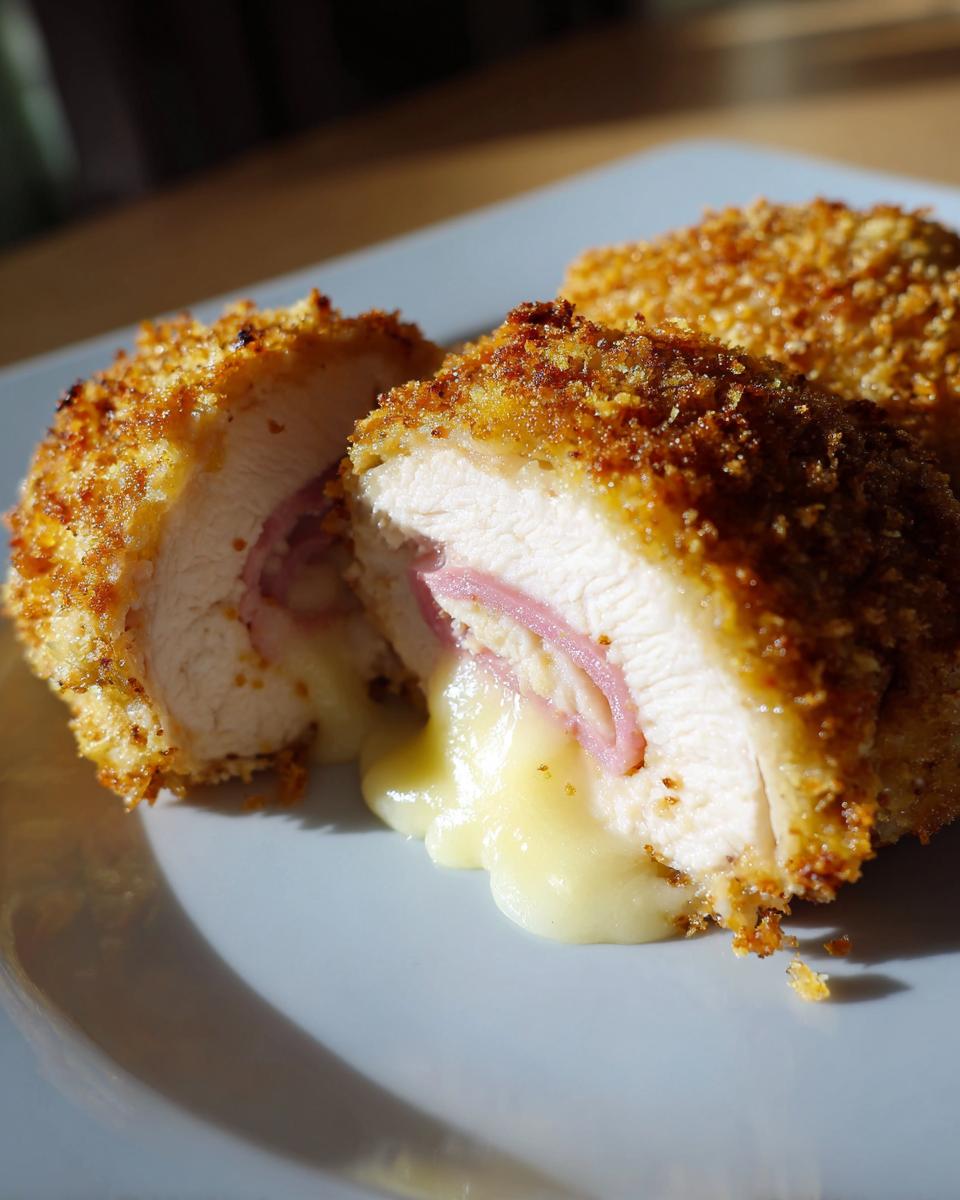 Close-up of a perfectly cooked chicken cordon bleu cut in half, showing melted cheese oozing out around ham inside the breaded chicken.