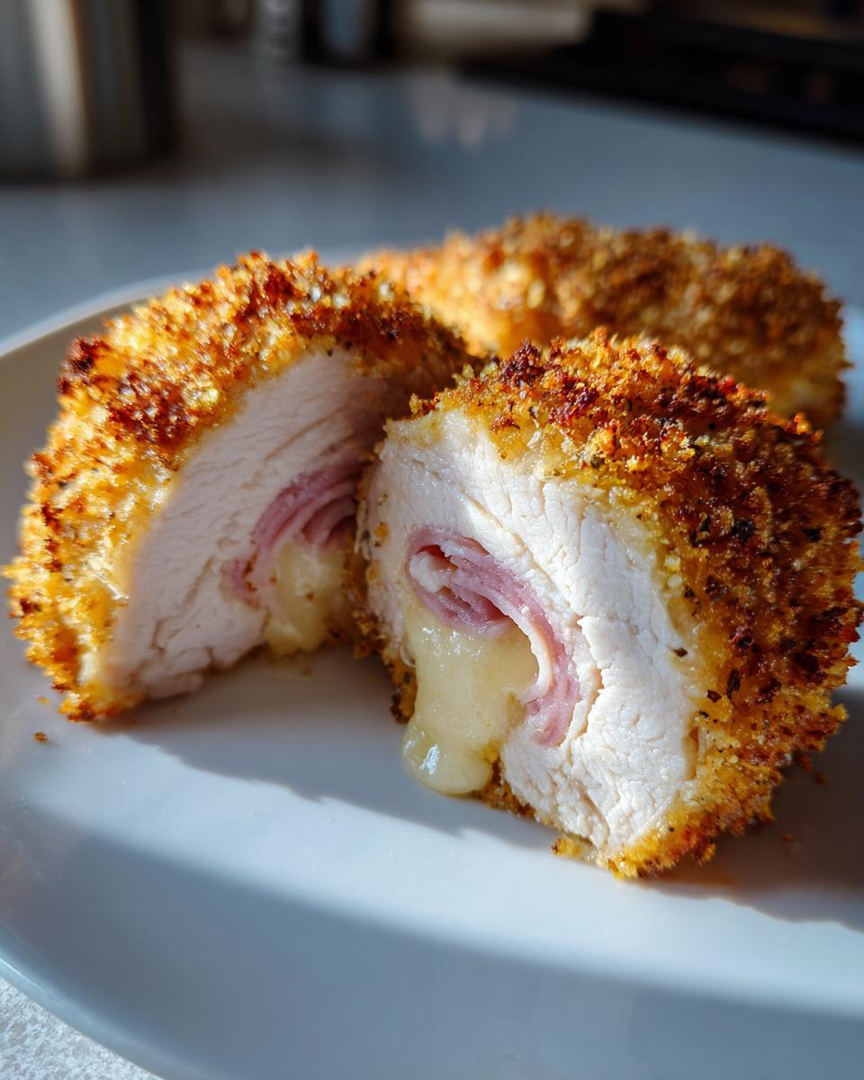 Close-up of a perfectly cooked chicken cordon bleu cut in half, showing melted cheese oozing out around the ham filling.