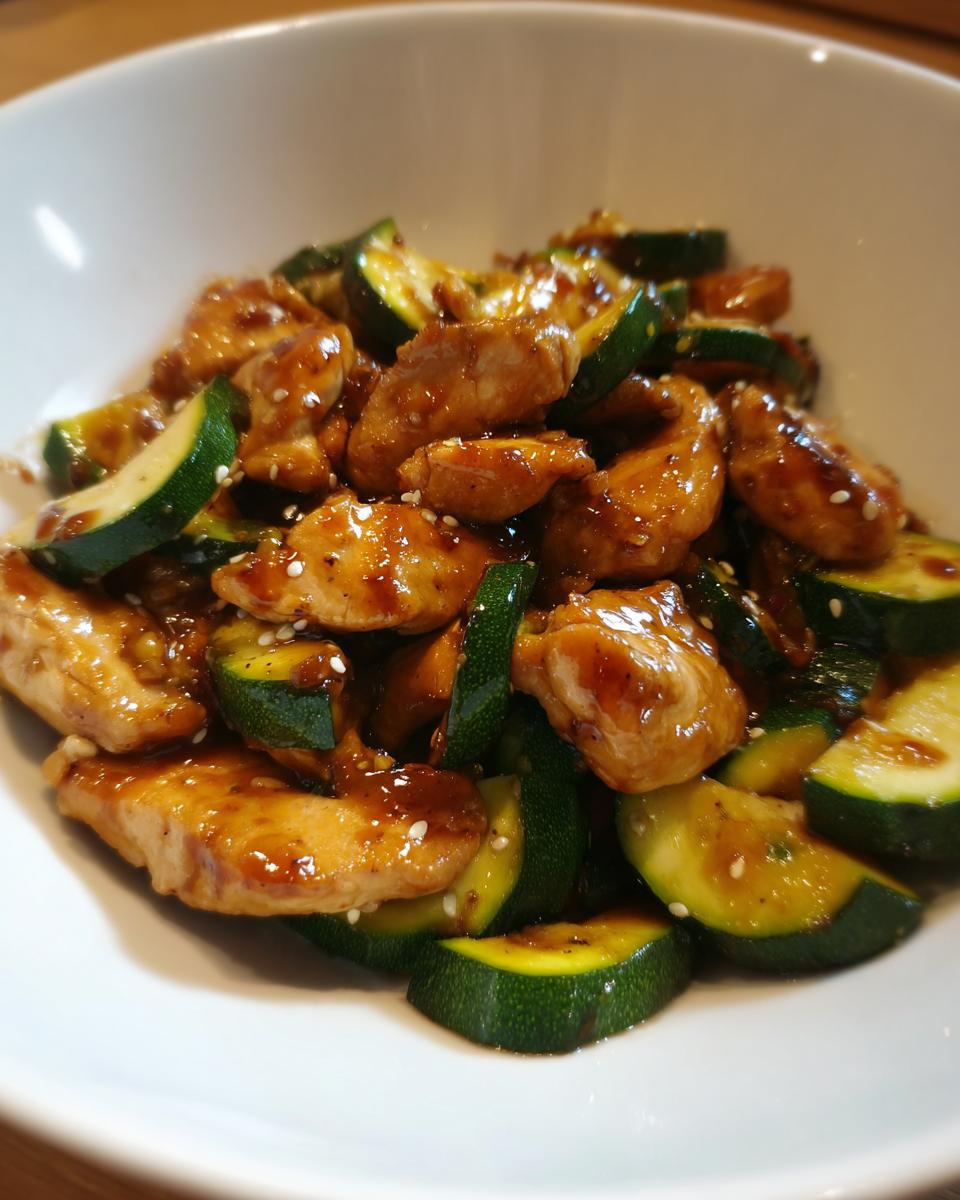 Close-up of glossy chicken zucchini stir fry pieces coated in sauce and sprinkled with sesame seeds, served in a white bowl.