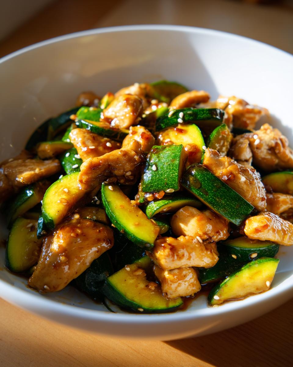 Close-up of glossy chicken zucchini stir fry coated in sauce and sprinkled with sesame seeds, served in a white bowl.