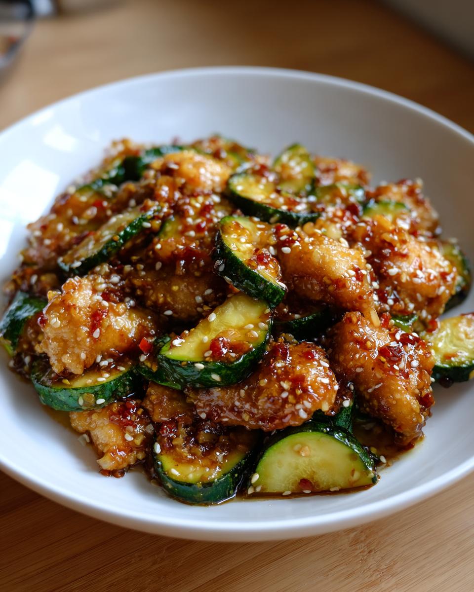 A close-up of delicious chicken zucchini stir fry coated in a sweet and spicy glaze and topped with sesame seeds in a white bowl.