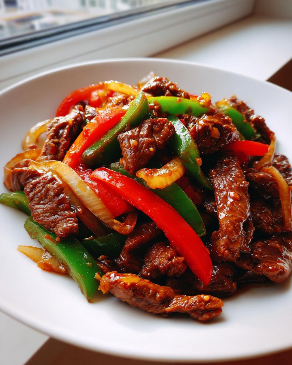 A close-up of glossy, saucy chinese pepper steak mixed with bright red and green bell peppers and onions.