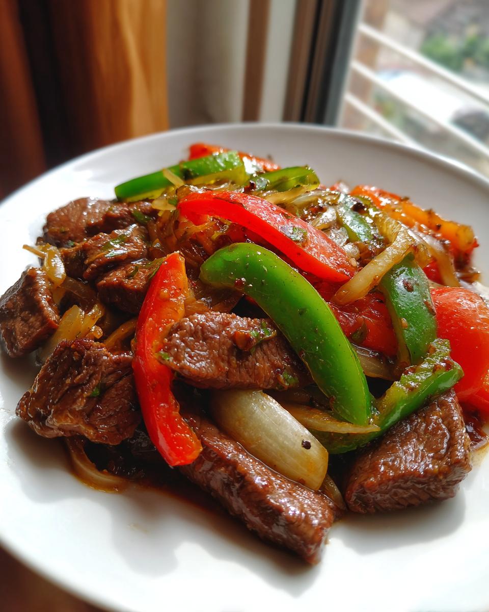 Close-up of tender beef strips mixed with vibrant red and green bell peppers and onions in a savory sauce, featuring chinese pepper steak.