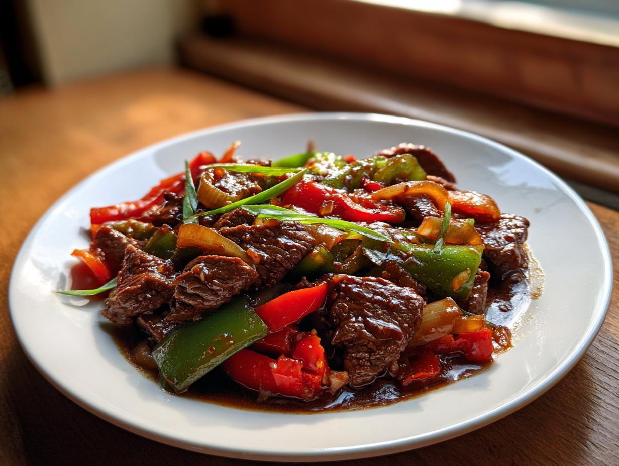 A close-up of savory Chinese pepper steak with colorful bell peppers and onions in a rich sauce.