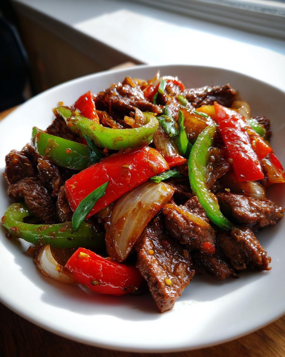 A close-up view of delicious Chinese pepper steak featuring glossy beef strips, bright red and green bell peppers, and onions.