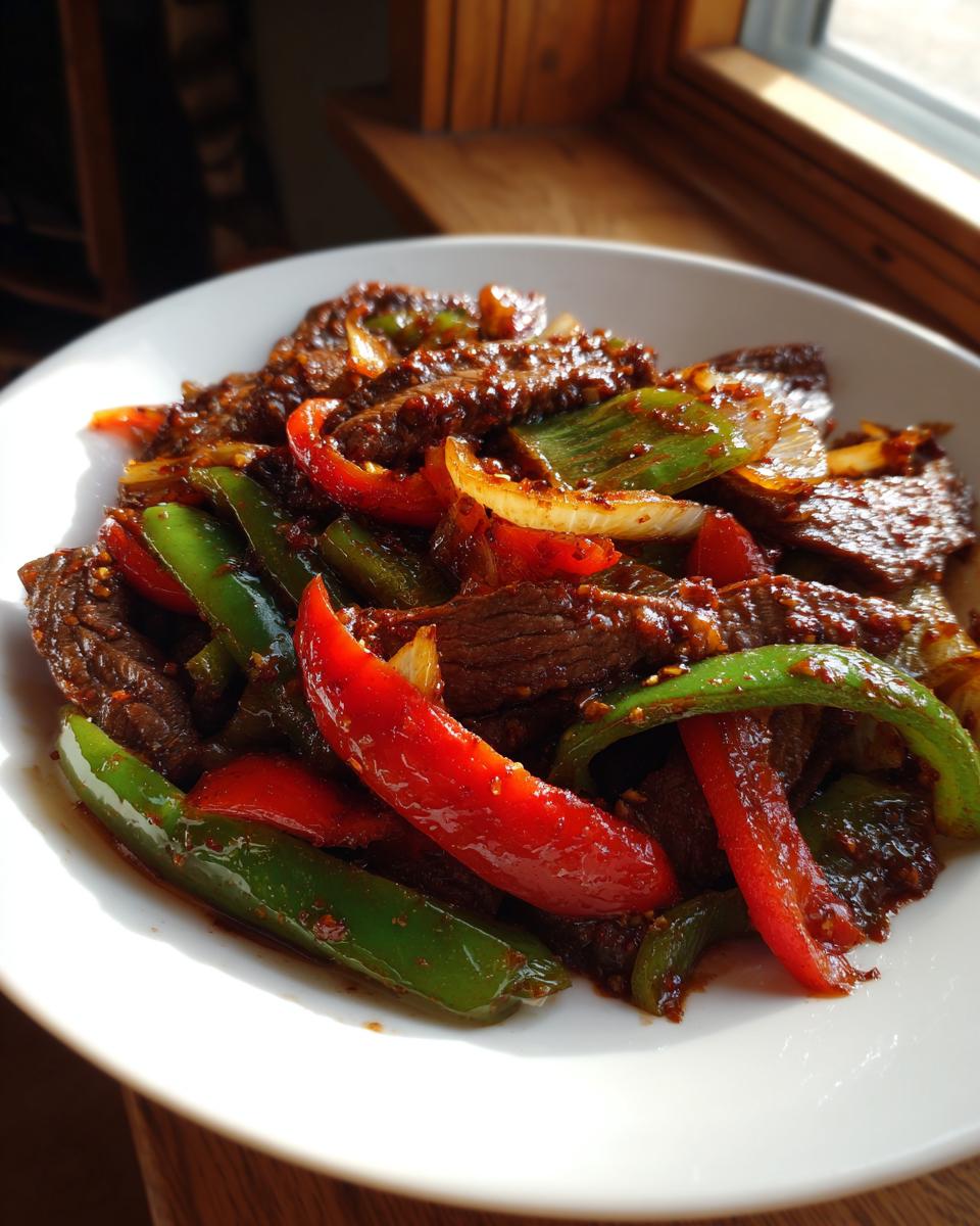 A close-up of a white bowl filled with savory chinese pepper steak, featuring strips of beef, bright red and green bell peppers, and onions.