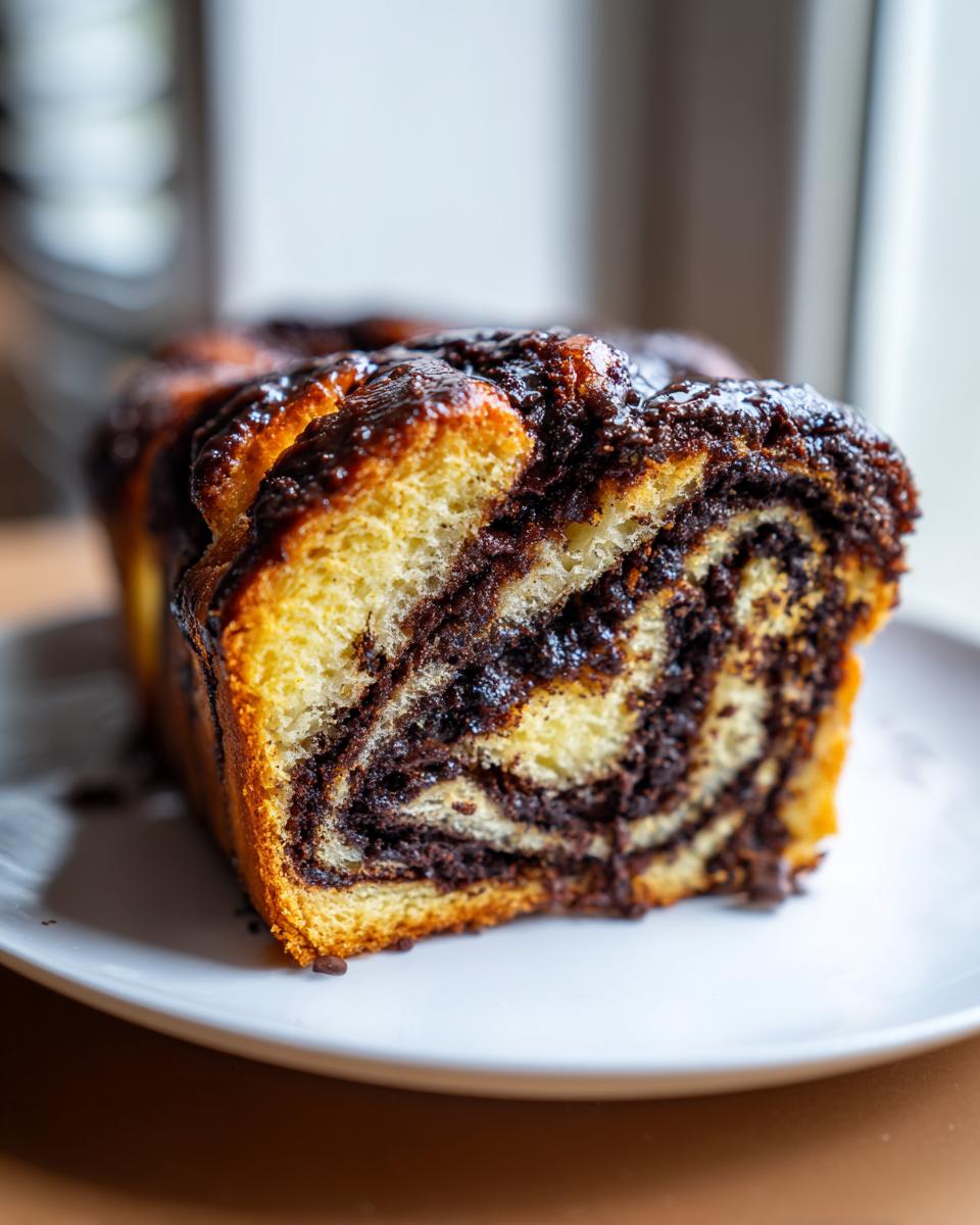 Close-up of a slice of chocolate babka showing rich, dark chocolate swirls inside the golden bread.