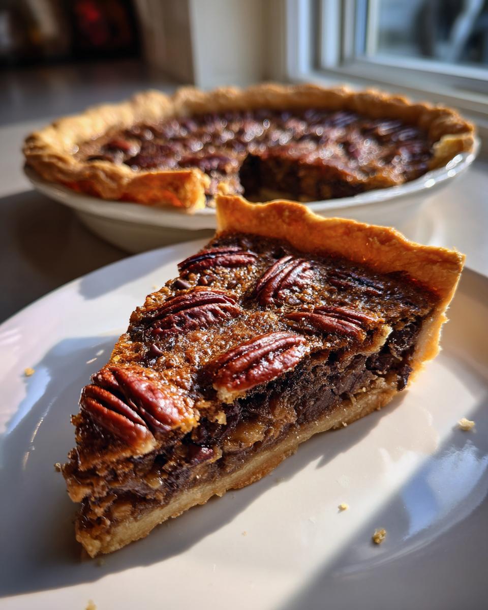 A close-up slice of rich chocolate bourbon pecan pie on a white plate, with the rest of the pie blurred in the background.