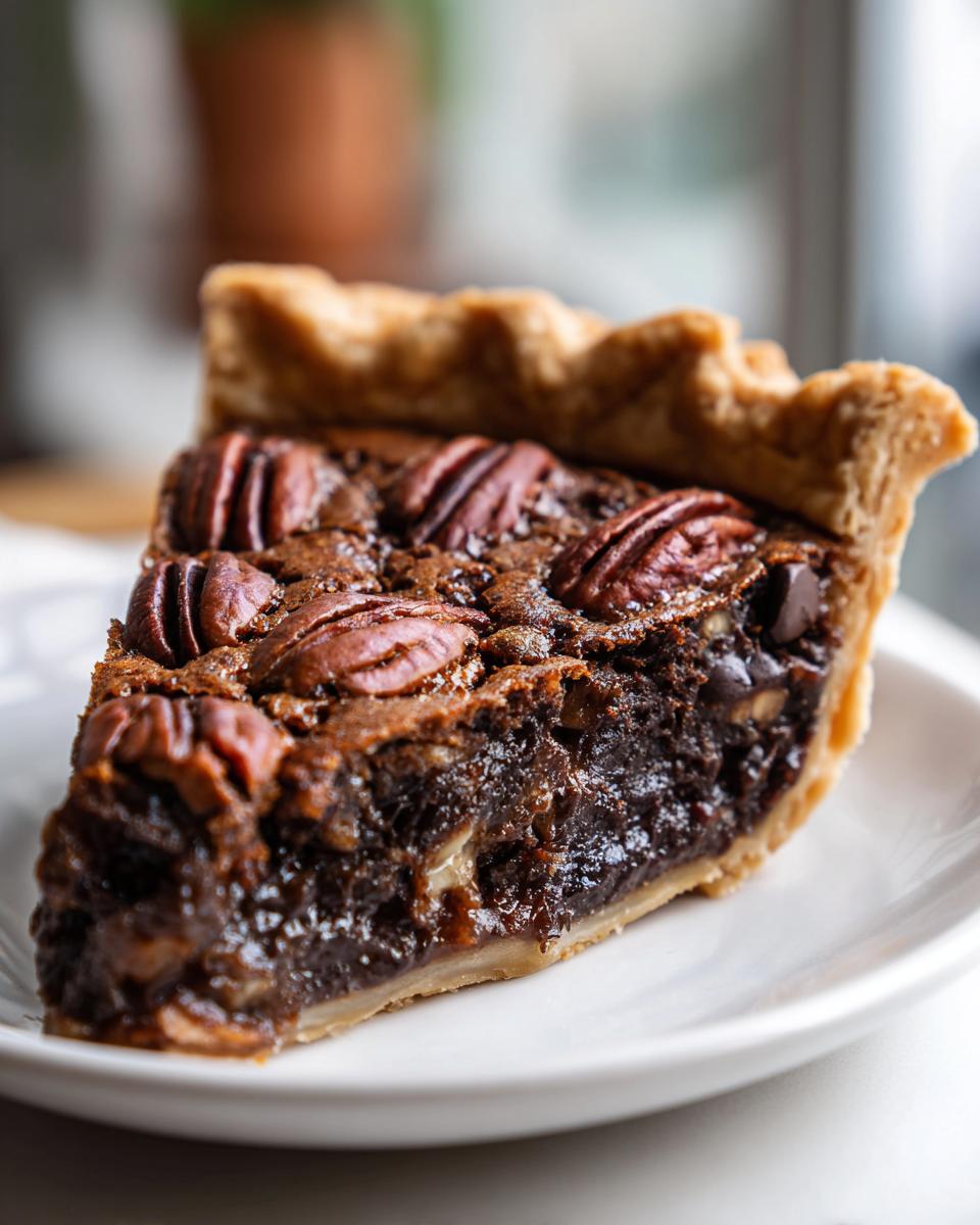 Close-up of a rich slice of chocolate bourbon pecan pie showing the gooey filling and whole pecans on top.