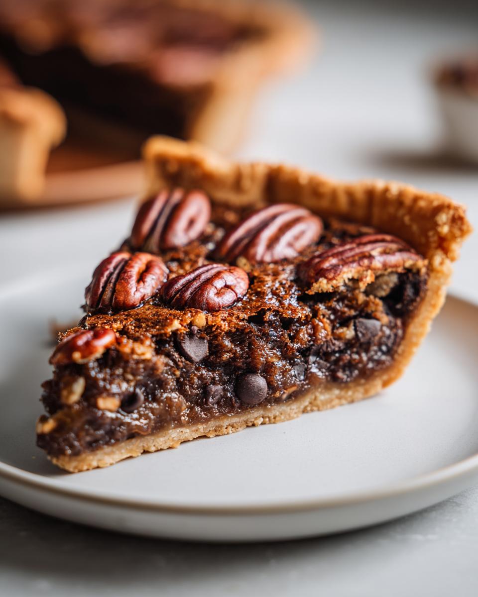 Close-up of a rich slice of chocolate bourbon pecan pie showing chocolate chips and whole pecans on top.